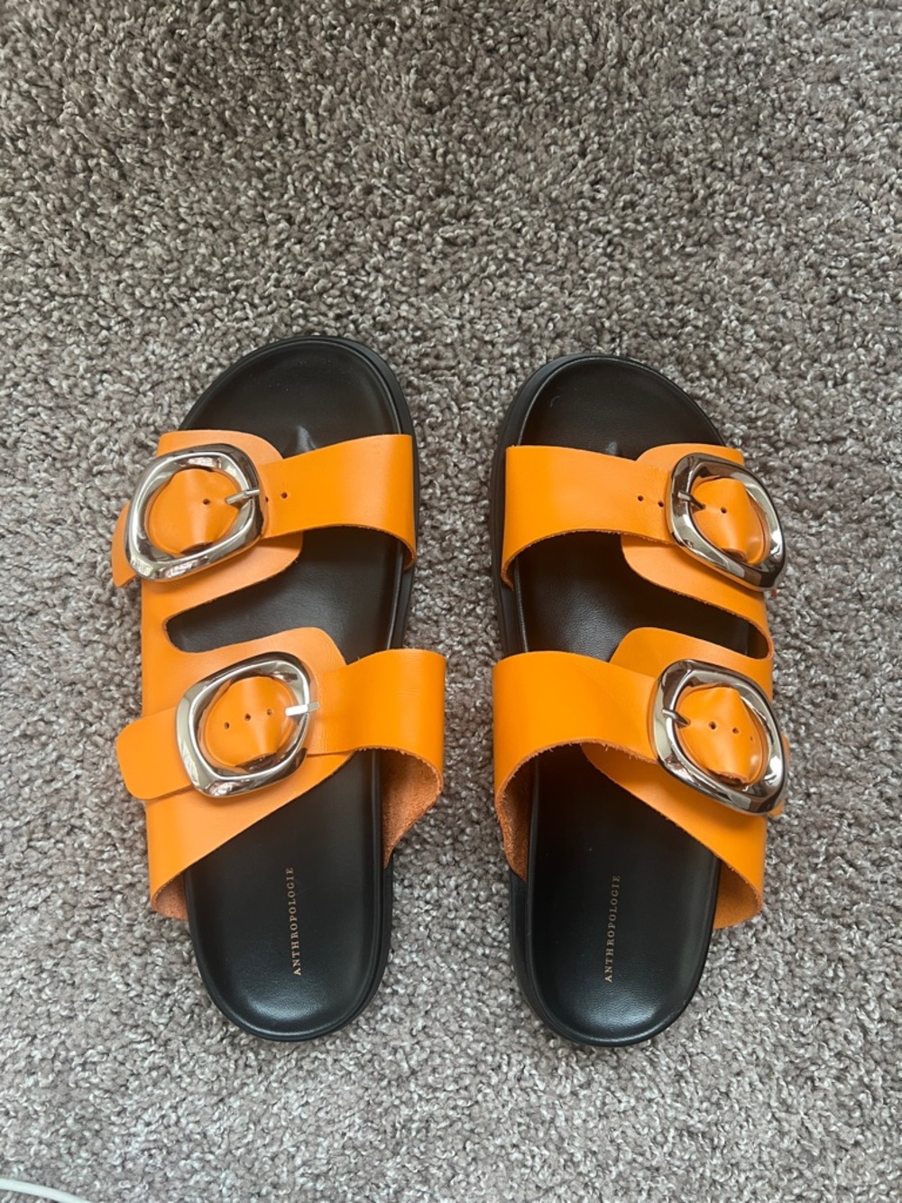 NWOT Anthropologie Orange Double-Buckle Slide Sandals leather size 9-40 European